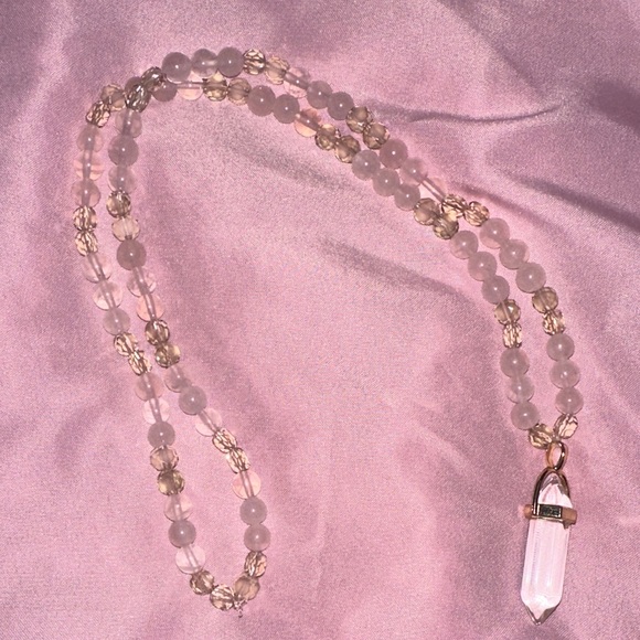 Rosé Champagne Necklace (Rose Quartz, Cream Crystal and Clear Quartz Pendant) - Picture 2 of 6